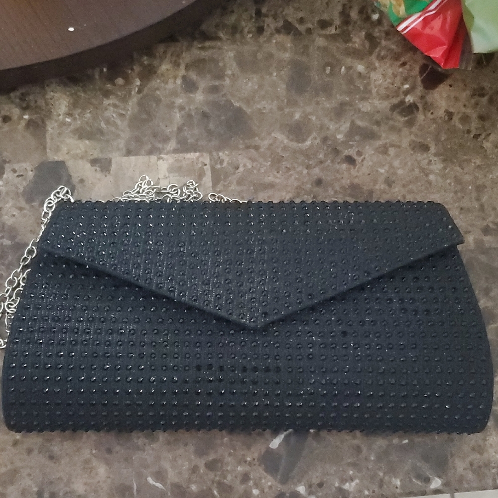 Black Rhinestone Envelope Clutch with Chain Strap
